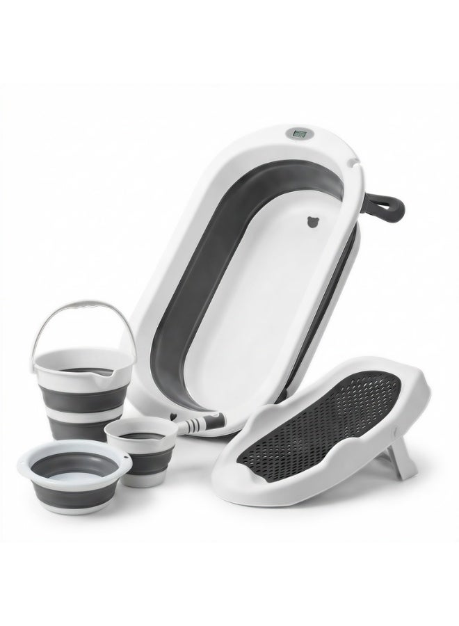 POPYPAPA 5-in-1 Foldable Baby Bathtub Set with Digital Temperature Sensor & Bath Cushion – Portable, Non-Slip, and Space-Saving Bathing Kit for Newborns and Toddlers - Image 1